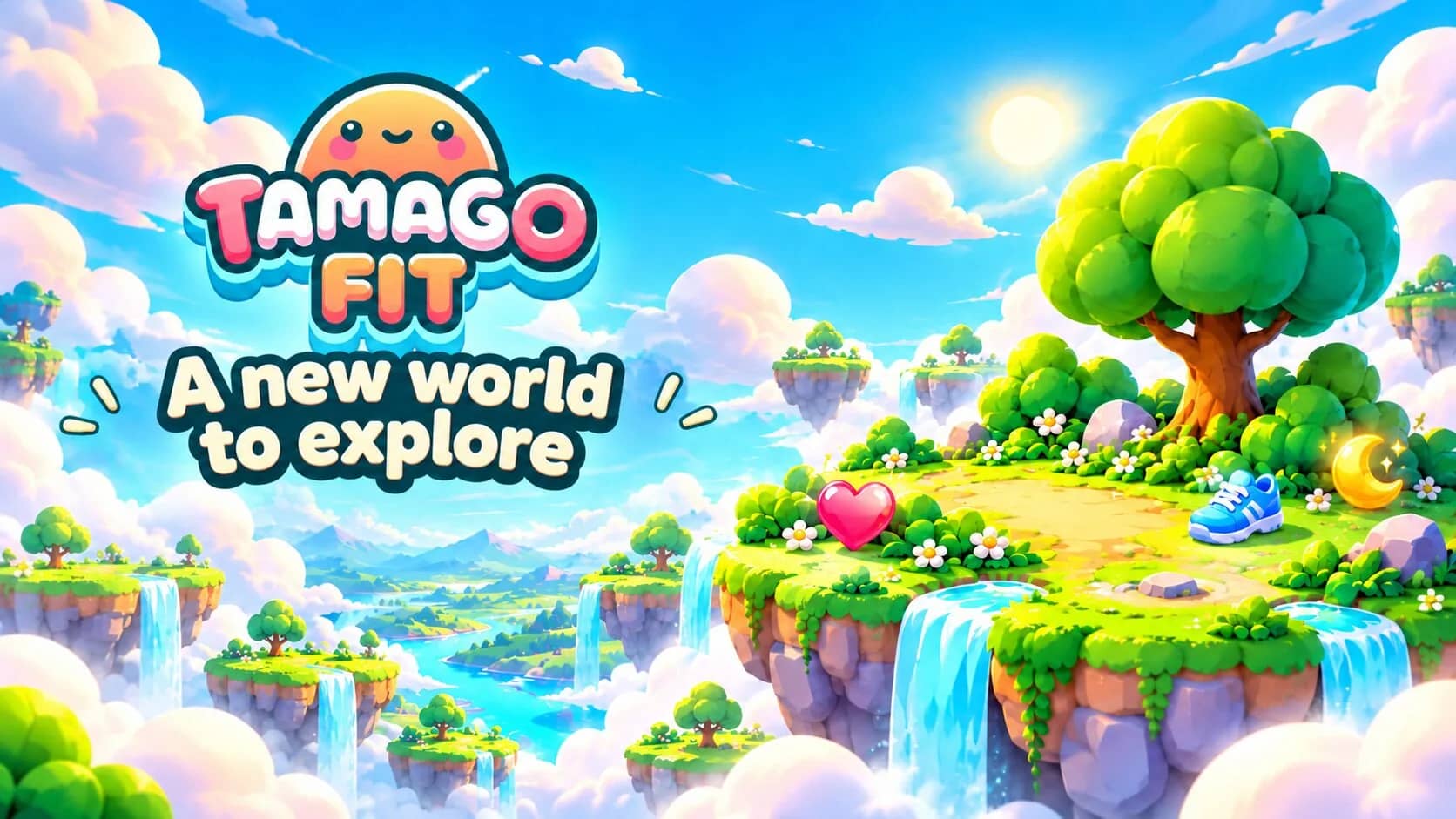 TamagoFit 2.0 banner: A new world to explore, with a floating island, a heart and a sneaker under a bright sky