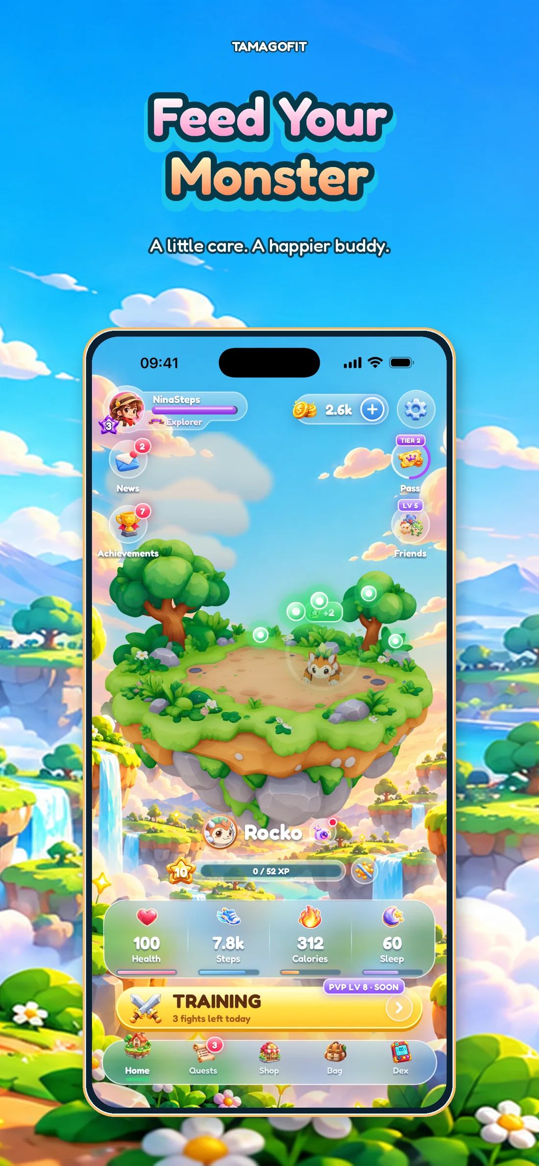 Feed your monster: Rocko on its island, with health, steps, calories and sleep.