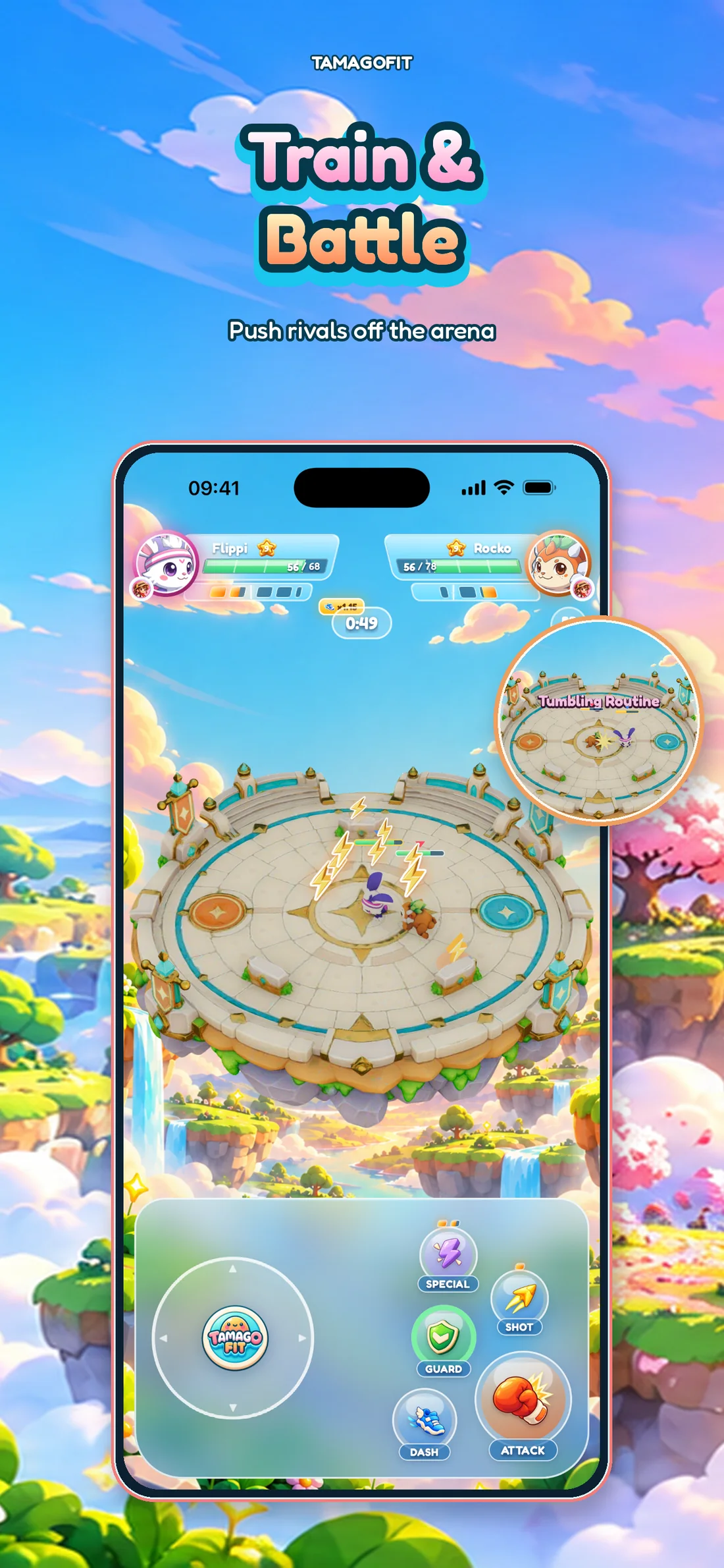 Train and battle: push rivals off the Training arena.